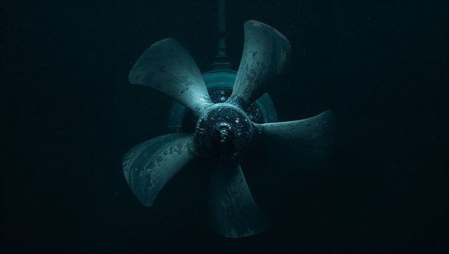 Encrusted five-blade marine propeller hanging on vertical shaft submerged in teal depths