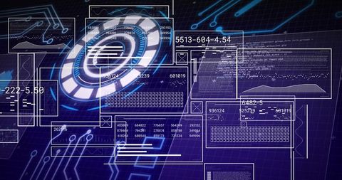 Holographic cyber interface projecting circular hub, floating code panels and neon dataflow