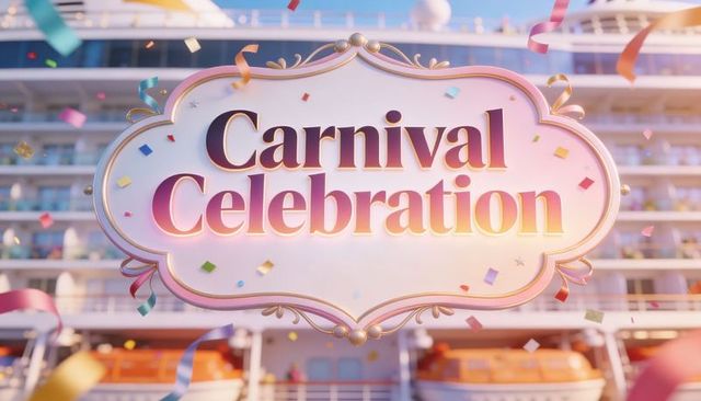 Carnival celebration sign on cruise ship deck with confetti, gold frame, lifeboats