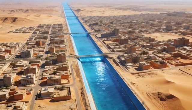 Blue desert canal slicing through arid city grid with multiple bridges and urban outskirts