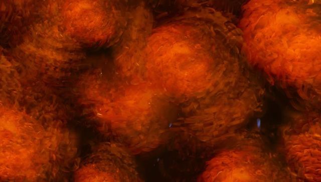 Abstract swirling viral particles in orange hue