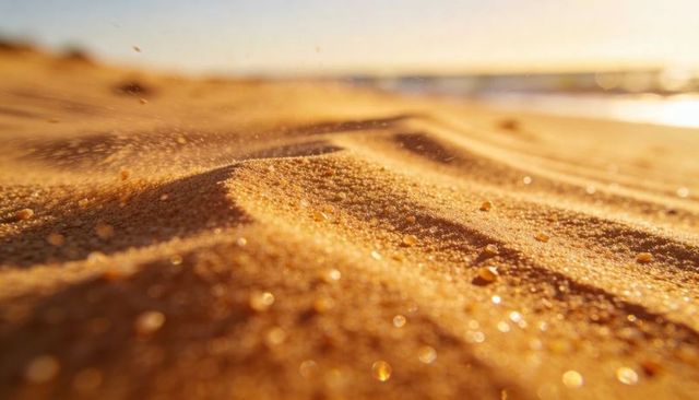 Sunlight bathing beach sand in golden glow with sparkling grains and shallow ocean horizon