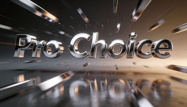 Floating chrome 3D ProChoice lettering, motion streaks and reflective metallic typography