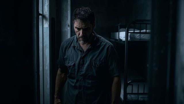 Man in Detention Cell Introspecting by Dimly Lit Window