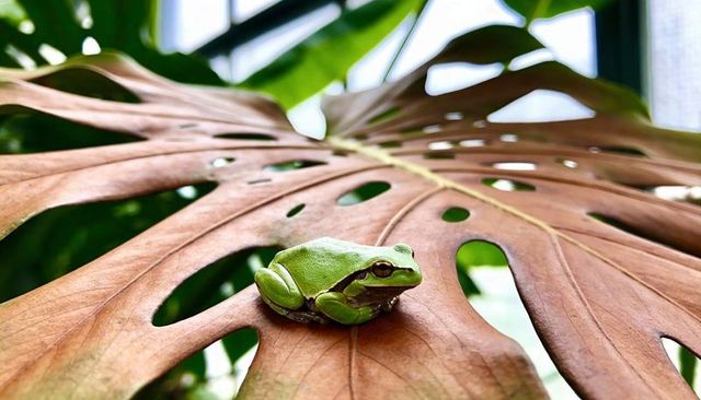 Bright green tree frog resting on fenestrated monstera leaf closeup with backlight