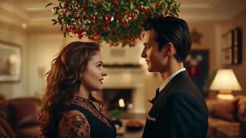 Elegant Intimate Moment Under Mistletoe by Cozy Fireplace