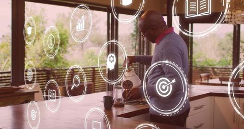 Man Pouring Coffee in Smart Kitchen with Choice and Productivity Icons