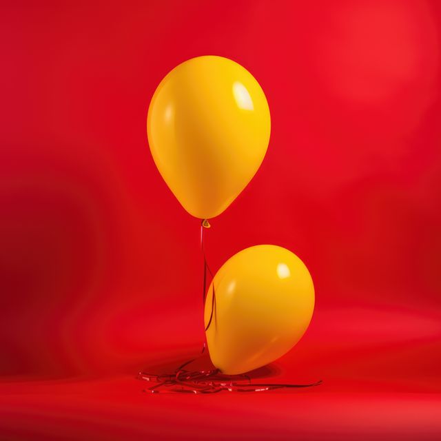Two yellow party balloons on red background, created using generative ai technology. Celebration and party time, digitally generated image.