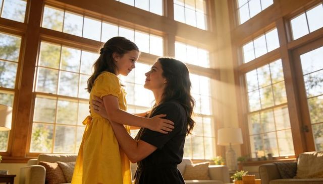 Sunlit mother holding daughter in yellow dress embracing sunbeams through grid windows