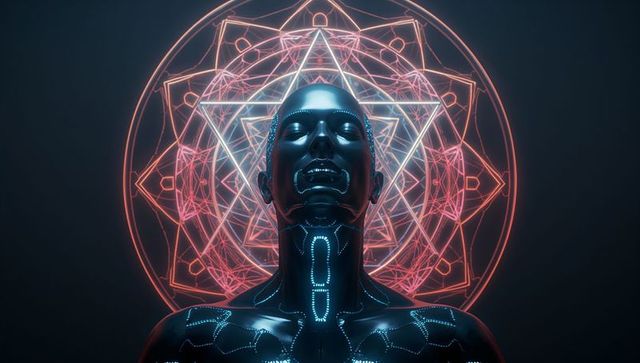 Futuristic black humanoid with neon mandala