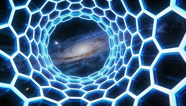 Glowing hexagonal tunnel leading toward spiral galaxy neon cyan corridor futuristic portal