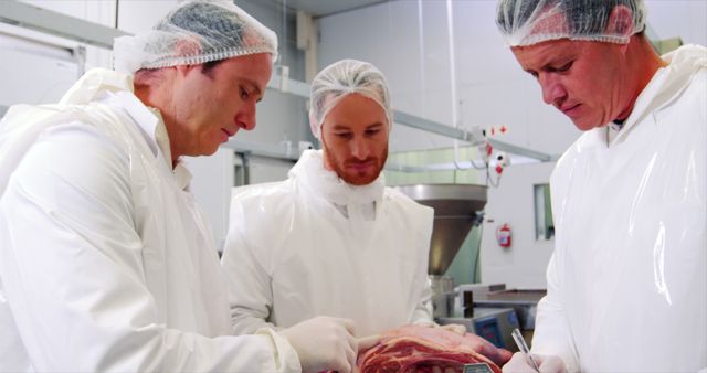 This detailed and professional stock photo is ideal for articles or marketing materials related to food safety, meat processing, quality control processes, and industry standards. It shows diligent workers focusing on ensuring the highest quality in the meat processing industry, which could be used in training manuals, food industry publications, or safety guideline brochures.