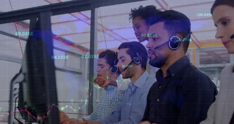 Diverse Call Center Team with Financial Data Visualization