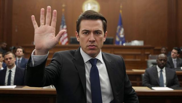 Man raising hand taking oath at courtroom witness stand during formal trial testimony
