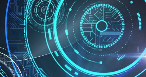 Futuristic digital interface depicting glowing circular designs reminiscent of circuit boards and technological scopes. Ideal for technology-related presentations, articles about advanced networks, or illustrating the concept of online communication in blogs and marketing materials.