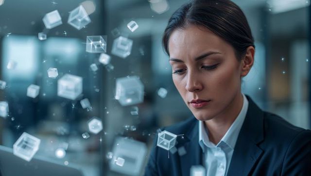 Businesswoman analyzing data on laptop with holographic cubes and ai visualization