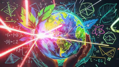 Hands Holding Earth with Laser Beams and Mathematical Equations Illustration