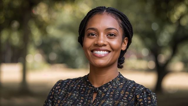 Confident smiling woman with braided hair posing in sunlit park portrait for lifestyle