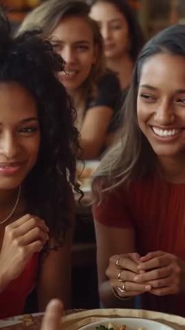 Vertical video: laughing friends reacting to playful off-camera pointing in cozy cafe