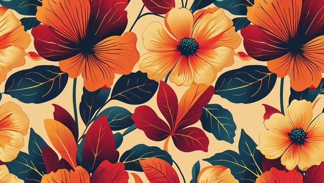 Vibrant floral pattern with stylized orange and red flowers