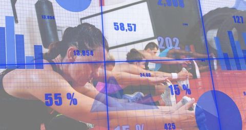 Group fitness class stretching on gym mat with blue data overlay and analytics