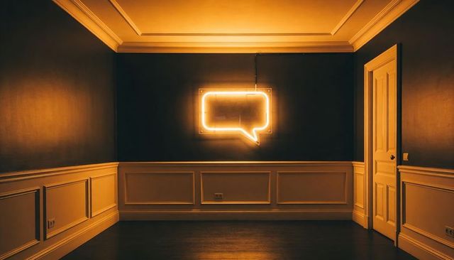 Glowing neon speech bubble sign casting amber light on moody interior with wainscoting