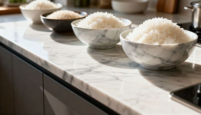 Sunlit marble countertop showcasing bowls of steaming rice in modern minimal kitchen
