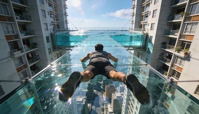 Man lying on glass skybridge over urban skyline with turquoise pool and dramatic depth