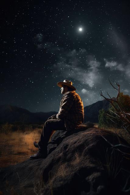 Man wearing a hat and flannel shirt sits on a rock under a starry sky with Milky Way visible in background. Ideal for themes of outdoors, solitude, peace, nature, and stargazing. Can be used for inspirational or adventure content.