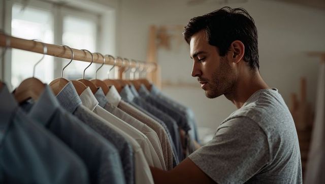 Man inspecting and arranging button-up shirts on wooden rack under soft window light