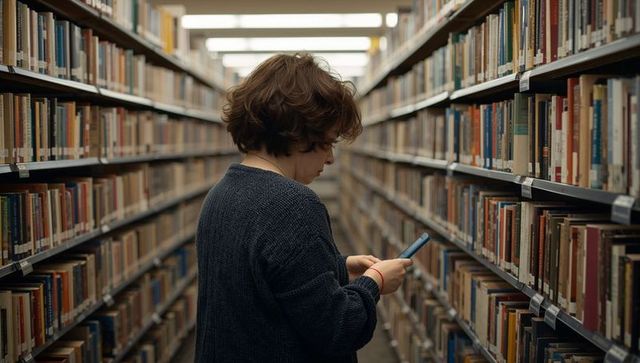 Woman standing in library aisle scrolling smartphone between rows of books and tall shelves