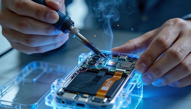 Precision micro soldering on smartphone motherboard by technician hands for repair workshop