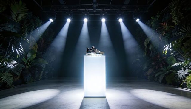 Glowing Athletic Sneaker Showcased on Lit Pedestal Under Five Spotlights with Tropical Foliage
