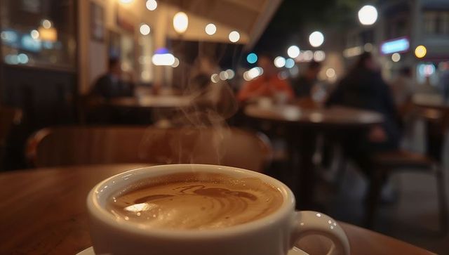 Steaming cup of fresh coffee with intricate latte art in cozy evening café
