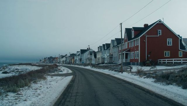 Coastal winter village road curving past red wooden house beside snowy rocky shoreline