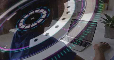 Woman coding on laptop with futuristic holographic UI overlay in minimalist office