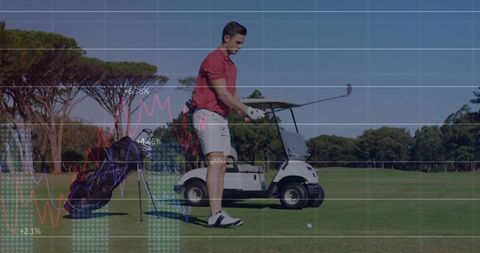 Golfer Addressing Ball on Fairway with Golf Cart and Performance Data Overlay