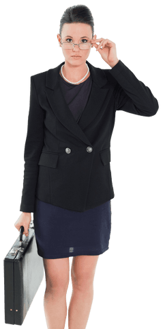 Transparent Attentive Businesswoman Holding Briefcase with Spectacles