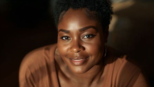Warm headshot of confident smiling woman with short curly hair and gold hoop earring