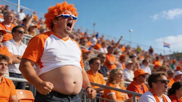Enthusiastic fan with orange wig and sunglasses cheering loudly in packed stadium, showing pride