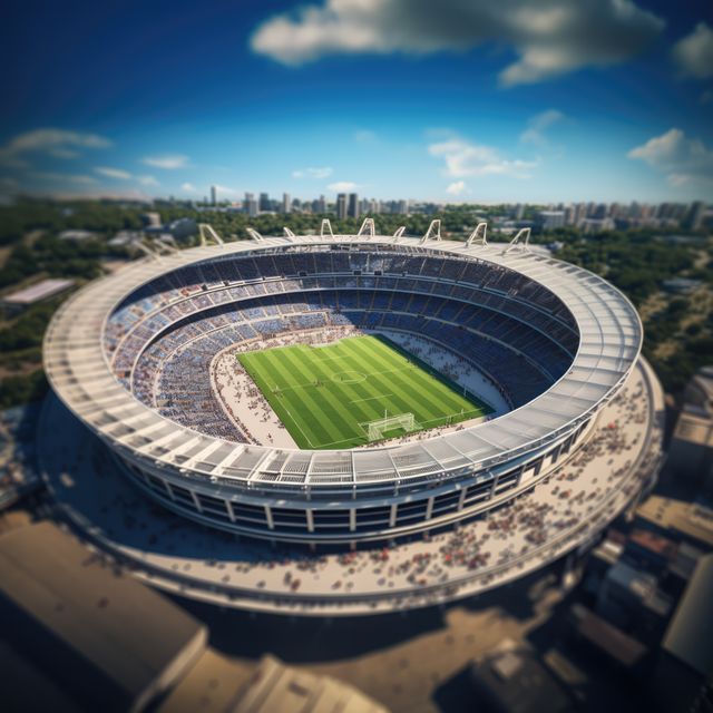 Aerial view of empty football stadium on sunny day, created using generative ai technology. Sports, competition and architecture concept digitally generated image.