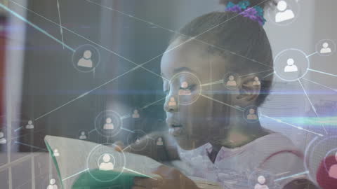 African American Girl Reading with Data Processing Animation Overlay