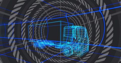 Futuristic wireframe truck model navigating digital data tunnel