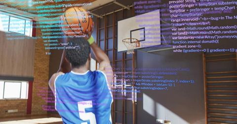 Boy practicing basketball shot with coding concept overlay