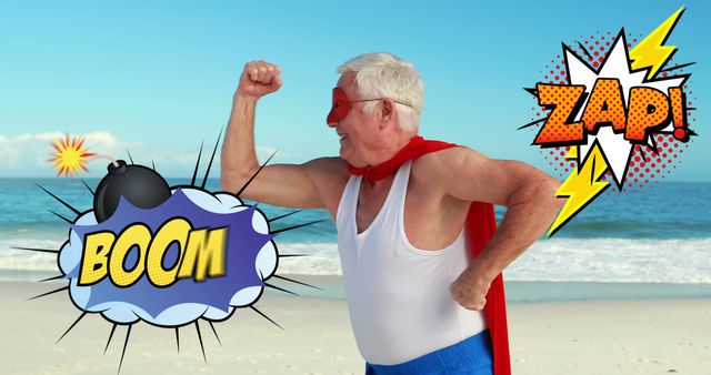 Image of the Boom! and Zap! text written over two cartoon retro speech bubbles with senior man dressed as superhero on beach in the background. Vintage superhero comic concept digital composite.