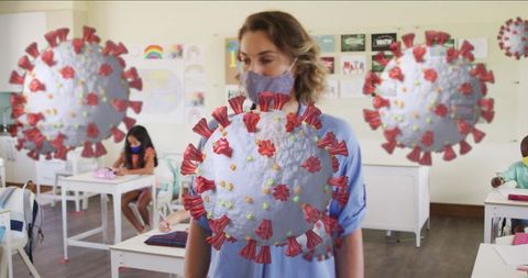 Classroom with COVID-19 Safety, Teacher and Students in Masks