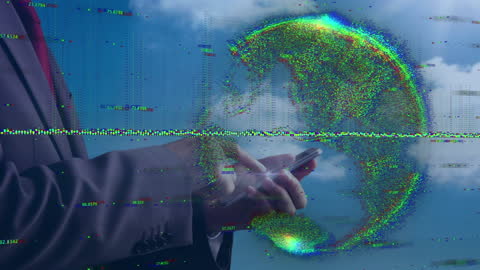 Businessman with Digital World Overlay Symbolizing Global Connectivity