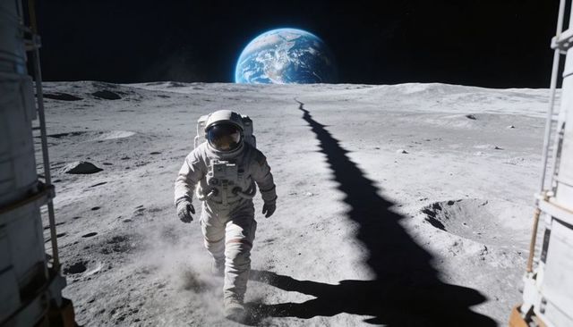 Solitary astronaut walking on moon with Earthrise and long shadow over lunar regolith
