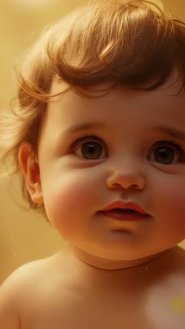 Baby watching daisies drifting into frame while showing necklace, golden vertical video