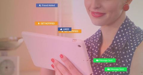 Woman Engaging with Social Media Notifications on Tablet at Home